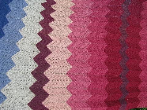 shaded pinks / blues, soft vintage wool crochet afghan throw blanket