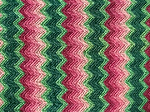 shaded pinks / pale green, soft vintage wool crochet afghan throw blanket