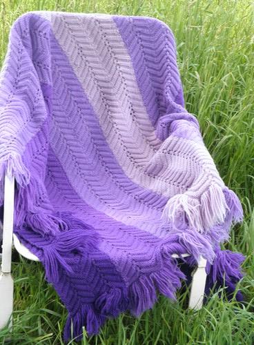 shades of lavender purple, retro vintage crocheted wool afghan throw