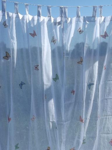 sheer white cotton organdy curtains, embroidered butterfly appliques