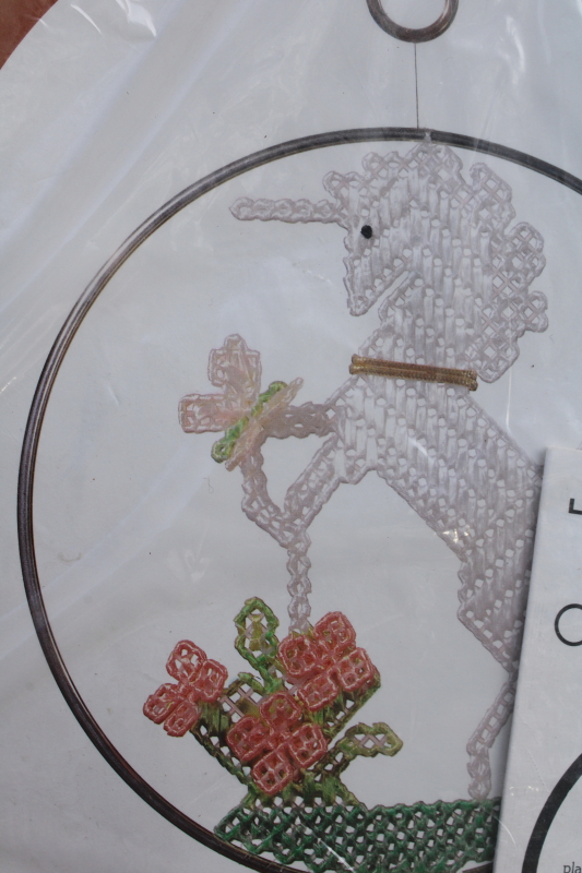 shimmering unicorn raffia stitchery, sealed vintage plastic canvas kit, hoop ring wall art