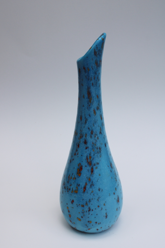 signed 1969 vintage hand crafted ceramic bud vase, mod spatter turquoise glaze