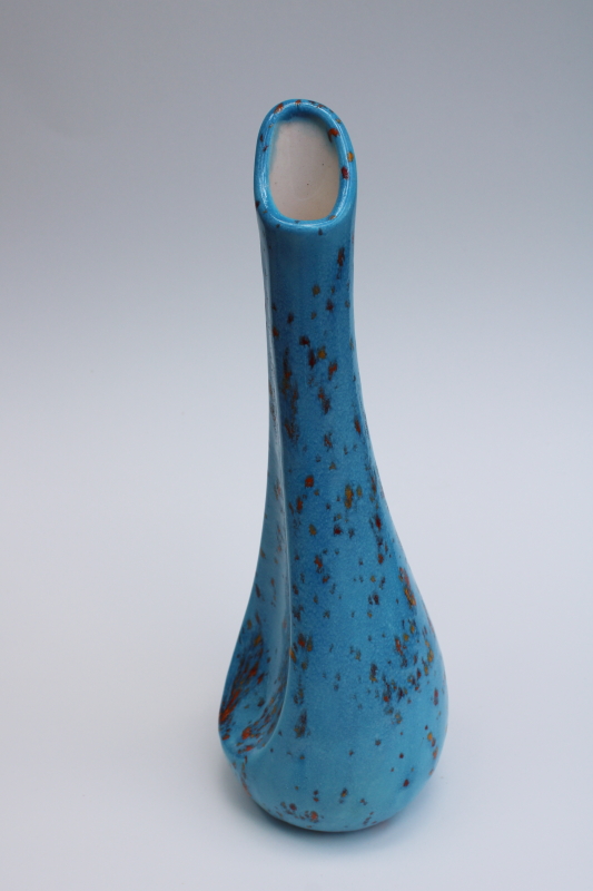 signed 1969 vintage hand crafted ceramic bud vase, mod spatter turquoise glaze