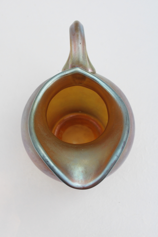 signed Aurene Steuben art glass miniature pitcher, mid century vintage iridescent luster glass