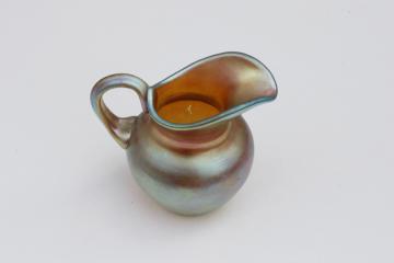 signed Aurene Steuben art glass miniature pitcher, mid century vintage iridescent luster glass