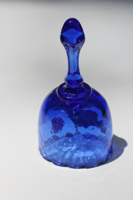 signed hand painted Fenton glass bell w/ label, cobalt blue glass bell