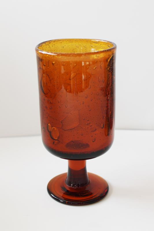 signed numbered hand blown glass vase or candle holder, dark amber glass w/ bubbles
