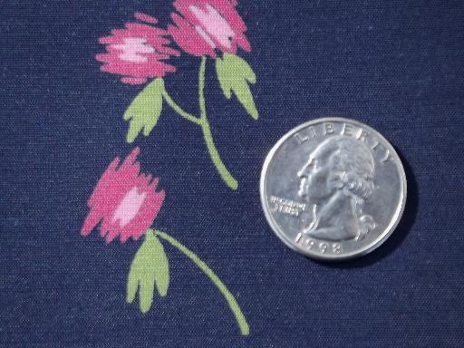 silky vintage rayon or poly dress fabric, rose scribble on navy blue