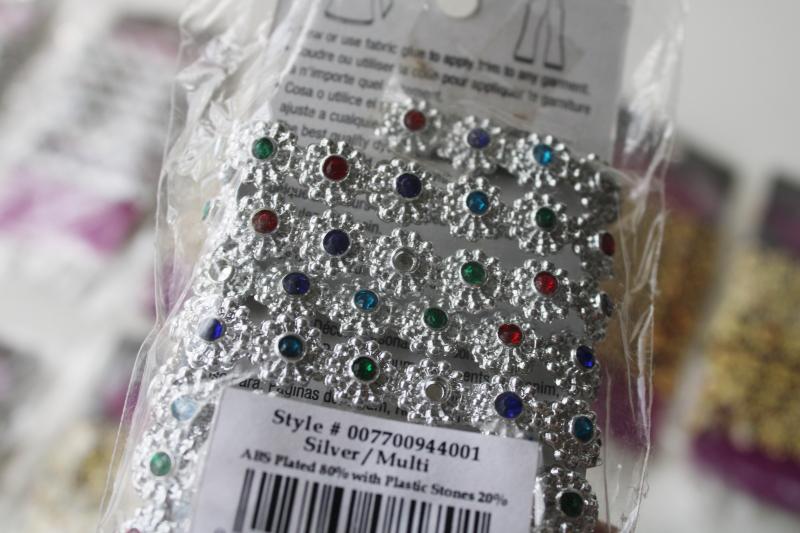 silver & gold tone sewing or craft trim, bling w/ colored gems plastic rhinestones