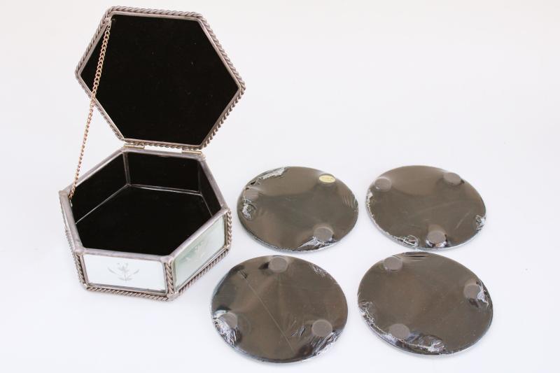 silver mirror glass drink coasters in matching box, holiday season barware 