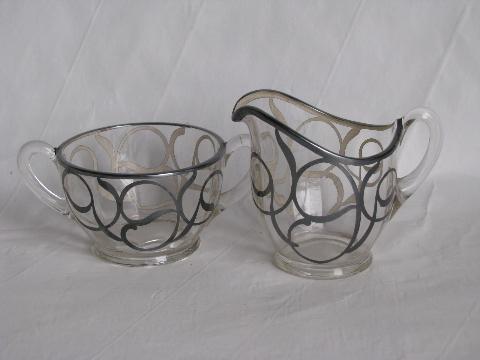 silver overlay deposit glass, vintage cream pitcher and sugar bowl