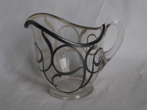 silver overlay deposit glass, vintage cream pitcher and sugar bowl