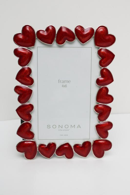 silvery metal photo / picture frame w/ red enameled hearts for Valentines day 