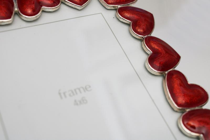 silvery metal photo / picture frame w/ red enameled hearts for Valentines day 