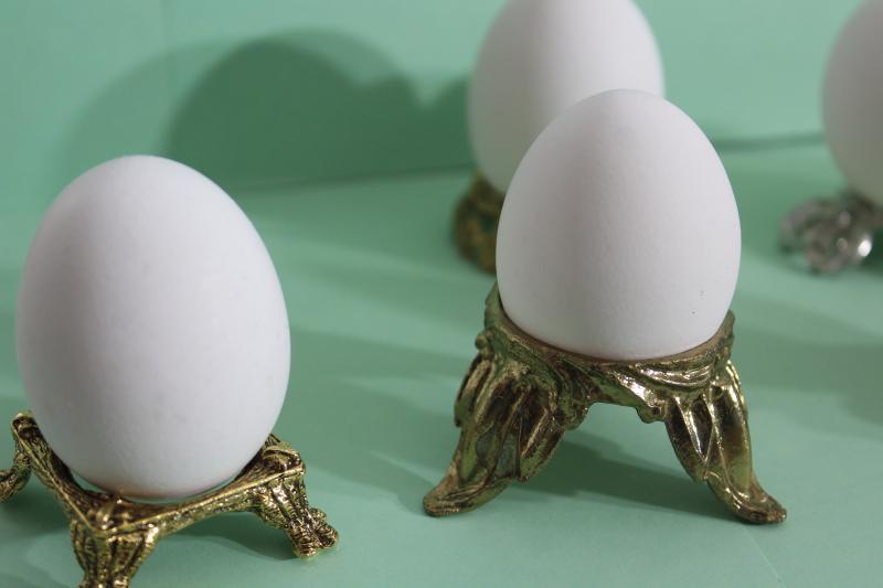six ornate metal egg holders, vintage ornamental stands for decorative eggs