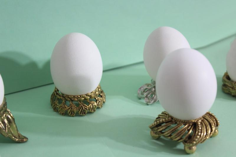 six ornate metal egg holders, vintage ornamental stands for decorative eggs