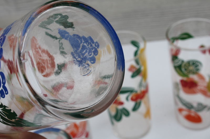 six vintage Federal glass drinking glasses, large tumblers w/ colorful fruit prints