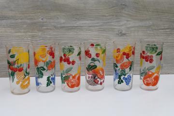 six vintage Federal glass drinking glasses, large tumblers w/ colorful fruit prints