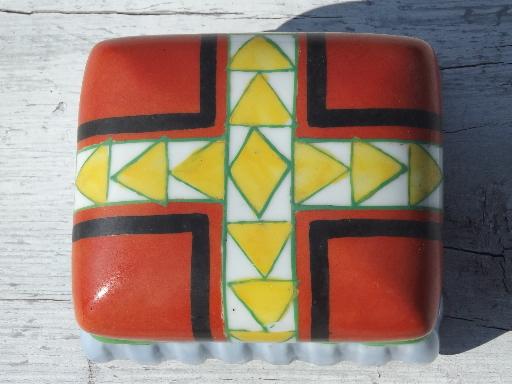 skirted cushion hand-painted china powder or jewelry box, vintage Japan