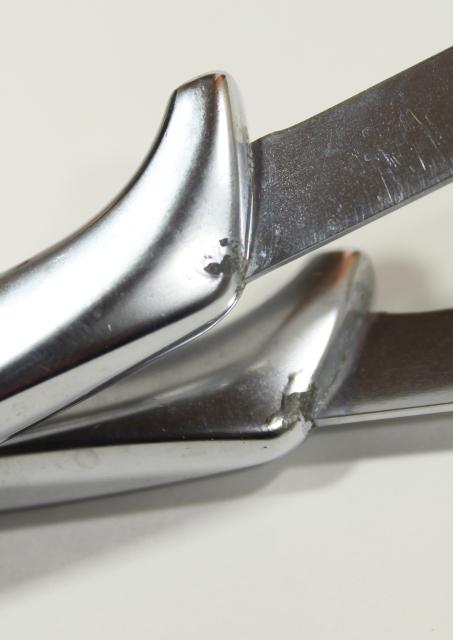 sleek stainless steel steak knives, Gerber Miming minimalist modern metalware