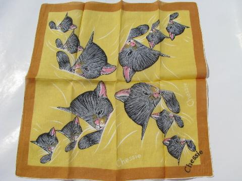 sleepy kitten vintage baby kitty print hanky, 1950s cotton handkerchief
