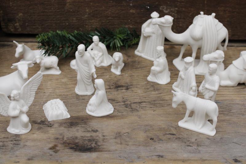 small all white bisque china nativity scene, vintage Christmas creche figures & animal