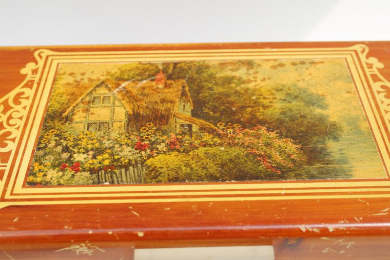 small cedar chest, vintage wood dresser box w/ country cottage garden flowers print