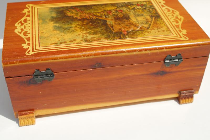 small cedar chest, vintage wood dresser box w/ country cottage garden flowers print