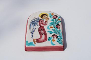 small ceramic wall plaque w/ angel, vintage Italy hand painted folk art pottery
