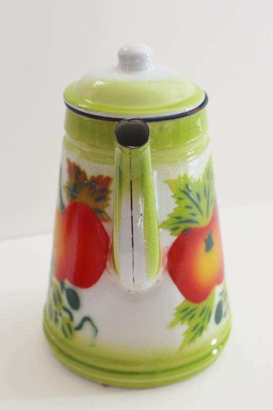 small enamel coffee pot w/ bright colored fruit, vintage enamelware