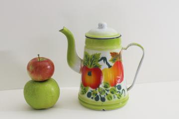 small enamel coffee pot w/ bright colored fruit, vintage enamelware
