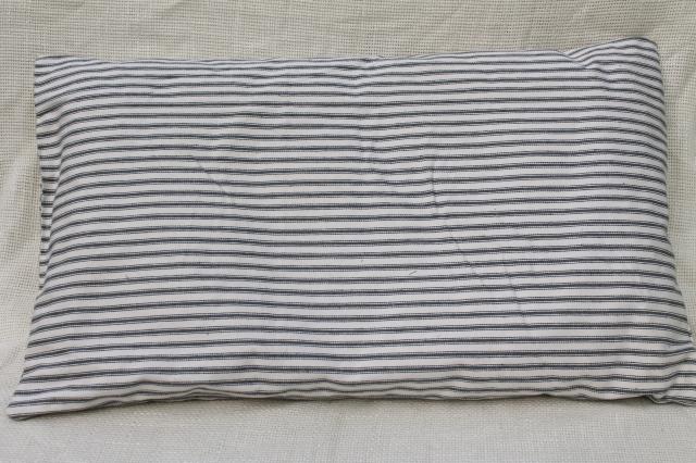 small feather pillow, vintage blue & white ticking stripe chair seat cushion 