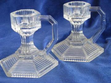 small glass finger ring handle candlesticks, vintage Japan candle holders