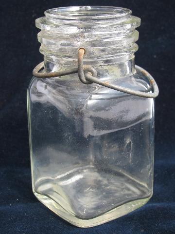 small glass fruit jars w/ old wire bails, nice for hanging candle holders