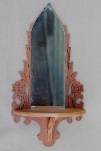 small old carved wood shelf w/ church window mirror, shrine or display for religious figurines