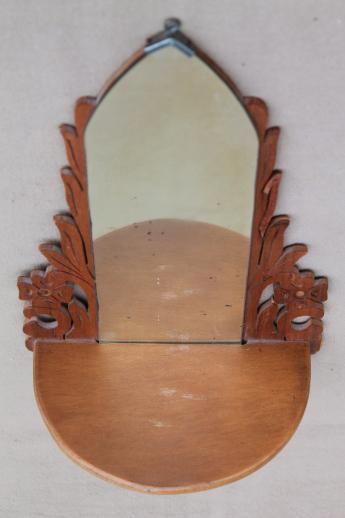 small old carved wood shelf w/ church window mirror, shrine or display for religious figurines