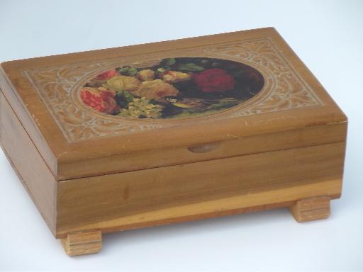 small old cedar chest keepsake or jewelry / glove box, bird and flowers