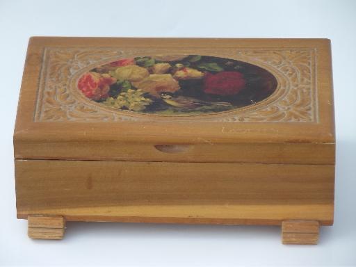 small old cedar chest keepsake or jewelry / glove box, bird and flowers