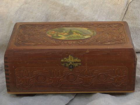 small old cedar chest / wood keepsake box, vintage cottage garden print