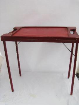 small old folding wood tray table, antique sewing table, vintage red paint