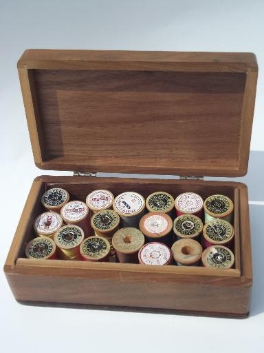 small old wood inlay sewing box, vintage wooden spools cotton thread