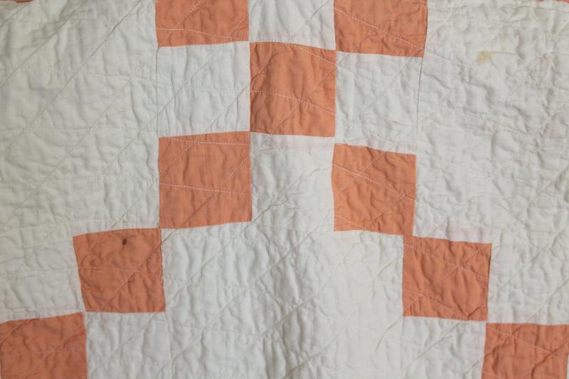 small patchwork quilt or wall hanging, vintage cotton fabric coral and white