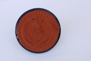 small round heart cookie stamp, vintage stoneware mold press for baking or crafts