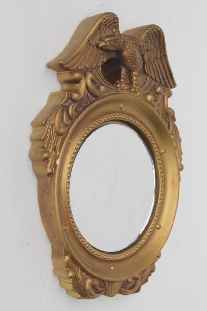 small round mirror in gold plaster Federal eagle frame, vintage chalkware framed wall mirror