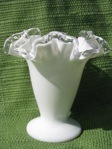 small silver crest Fenton vase, crimped ruffle clear / milk glass