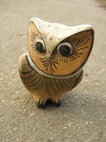 small vintage Tonala owl, hand-painted Mexican art pottery
