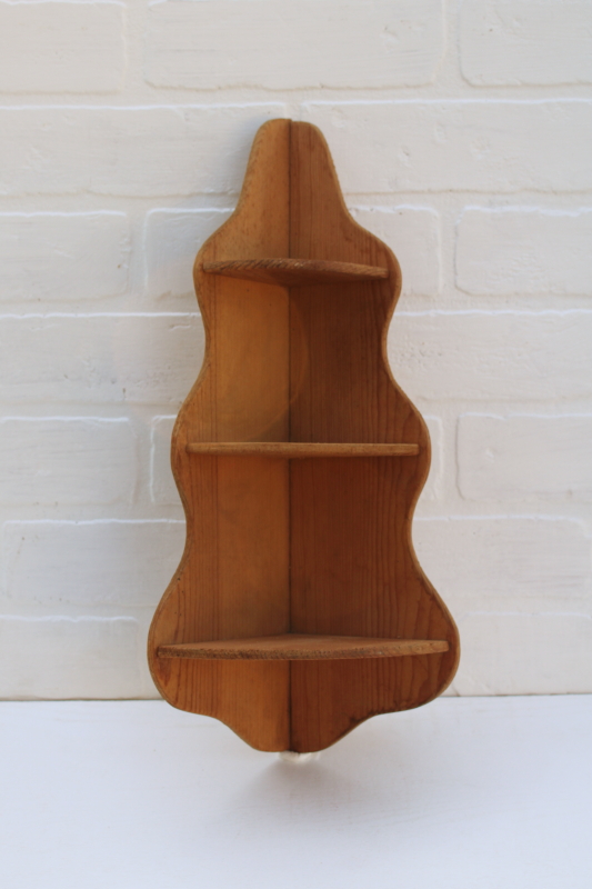 small vintage corner shelf whatnot, natural wood scrubbed pine modern farmhouse french country