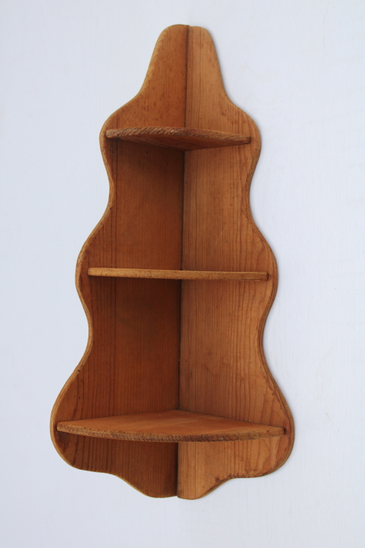 small vintage corner shelf whatnot, natural wood scrubbed pine modern farmhouse french country