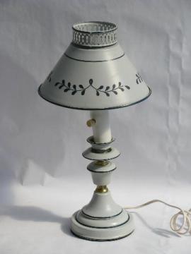 small vintage tole table lamp w/ metal shade, cottage style