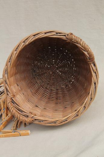 small wicker barrel shape laundry basket w/ vintage wooden clothespins